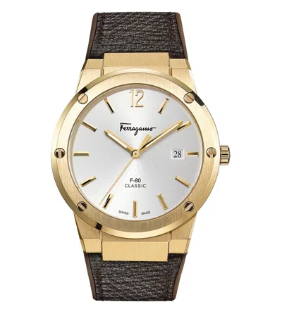 Pre-owned Ferragamo Men's F-80 Sfdt00819 Classic Watch Brown Strap Steel Gold Dial 42mm