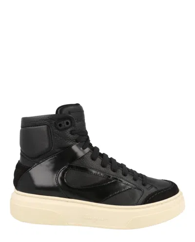 Pre-owned Ferragamo Men's  Cassio Leather High Top Sneakers In Black