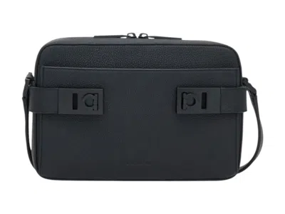 Pre-owned Ferragamo Men's  Gancini Buckle Embellished Leather Shoulder Bag In Black