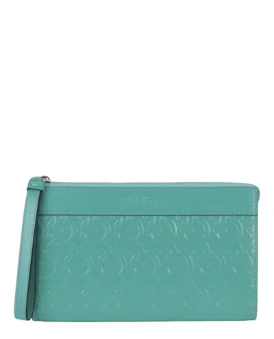 Pre-owned Ferragamo Men's  Gancini Embossed Leather Clutch In Turquoise In Blue