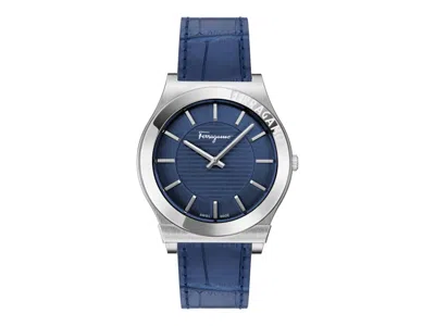 Pre-owned Ferragamo Men's  Gancini Leather Sf4l00325 Watch In Stainless Steel In Silver