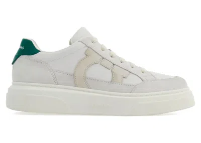 Pre-owned Ferragamo Men's  Gancinipatch Calfskin Sneakers In White