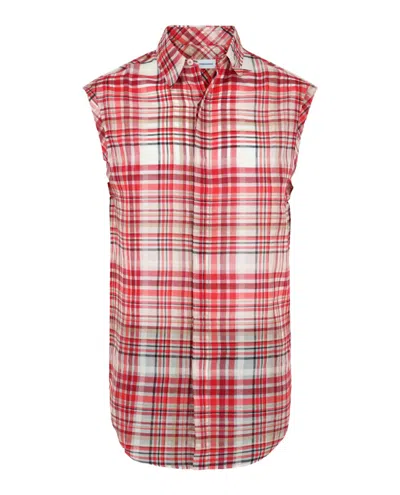 Pre-owned Ferragamo Men's  Plaid Print Sleeveless Shirt In Red White In Multi