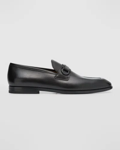 Ferragamo Foster Gancini Loafers In Hammered Leather In Nero