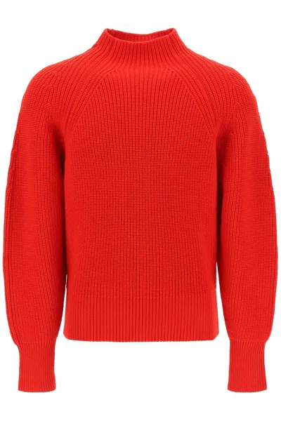 FERRAGAMO MEN'S FUNNEL-NECK RIBBED WOOL SWEATER IN RED FOR FW23 COLLECTION