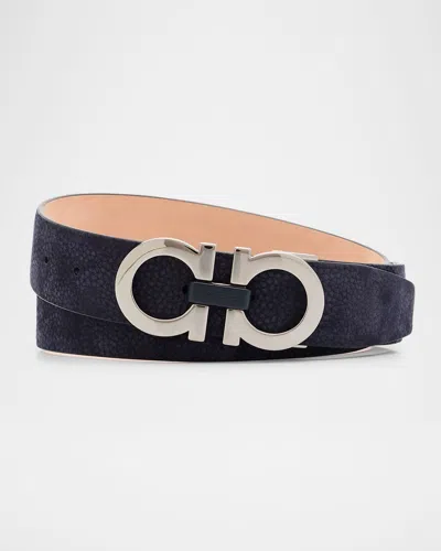 Ferragamo Men's Gancini Adjustable Suede Belt In Blue