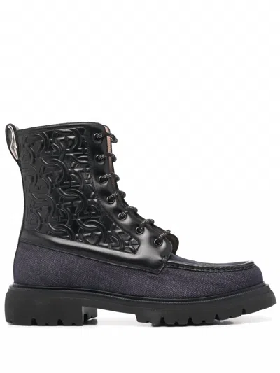 FERRAGAMO MEN'S GANCINI COMBAT BOOTS IN BLACK