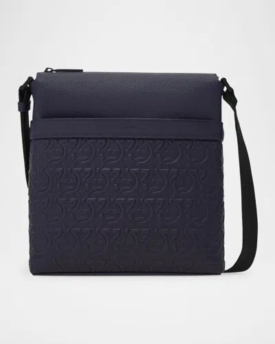 Ferragamo Men's Gancini Embossed Leather Crossbody Bag In Midnight