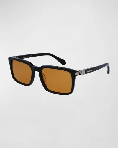 Ferragamo Men's Gancini Evolution Acetate Rectangle Sunglasses In Black/orange