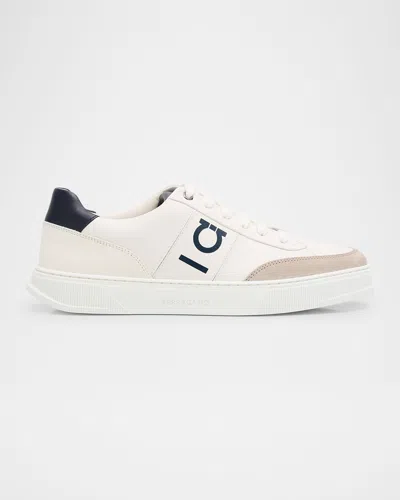 FERRAGAMO MEN'S GANCINI LEATHER AND SUEDE LOW-TOP SNEAKERS