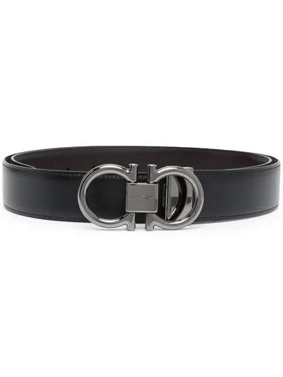 Ferragamo Men Gancini Leather Belt In Black