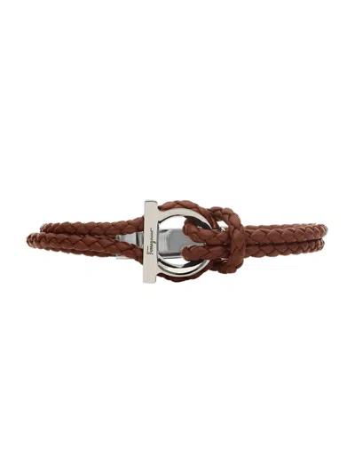Ferragamo Men's Gancini Leather Bracelet In Brown