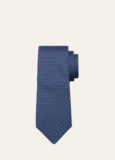 Ferragamo Gancini Monogram Print Silk Tie In Navy
