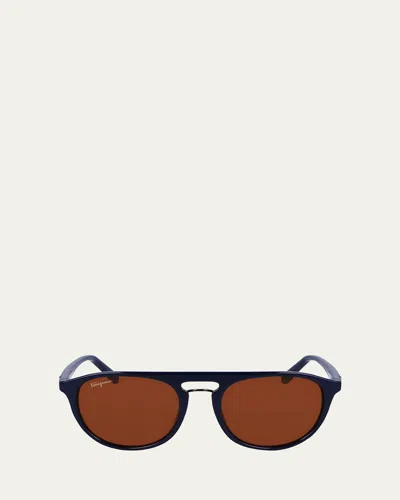 FERRAGAMO MEN'S GANCINI PLASTIC AVIATOR SUNGLASSES