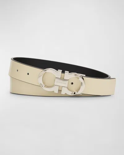 Ferragamo Men's Gancini Reversible Leather Belt In Mascarpone