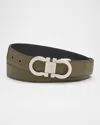 Ferragamo Men's Gancini Reversible Leather Belt In New Olive