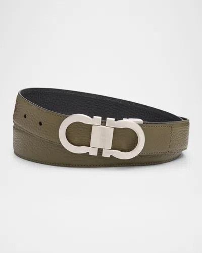 Ferragamo Men's Gancini Reversible Leather Belt In New Olive