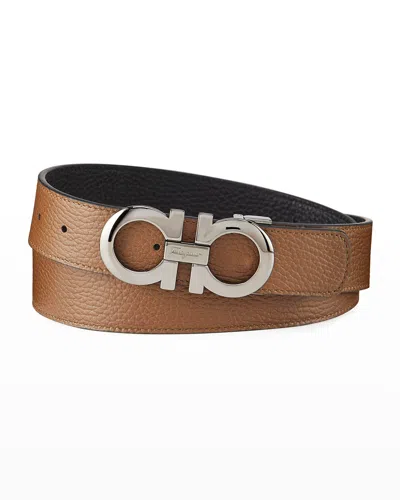 Ferragamo Men's Gancini Reversible Pebbled Leather Belt In Brown
