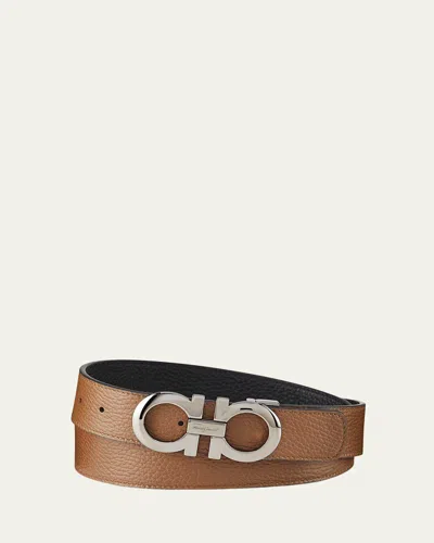 Ferragamo Men's Gancini Reversible Pebbled Leather Belt In Brown