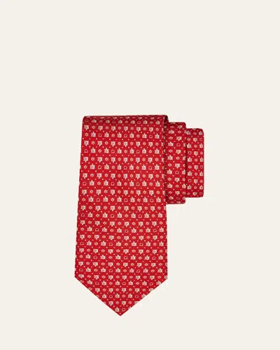 Ferragamo Men's Gancini Turtle Micro-print Tie In Red