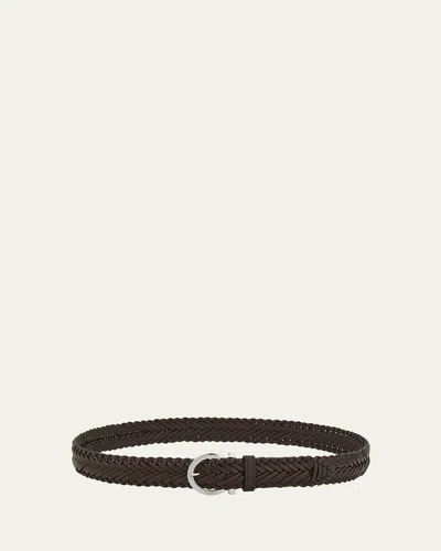 Ferragamo Men's Gancini-buckle Woven Leather Belt In Black