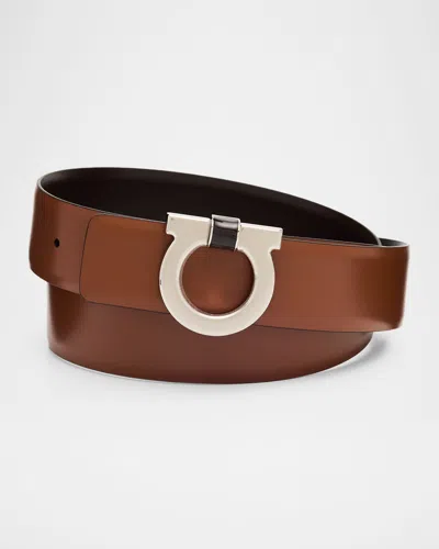 Ferragamo Men's Gancio-buckle Reversible Leather Belt In Brown