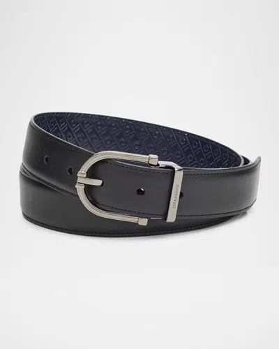 Ferragamo Men's Gancio-embossed Reversible Leather Belt In Black