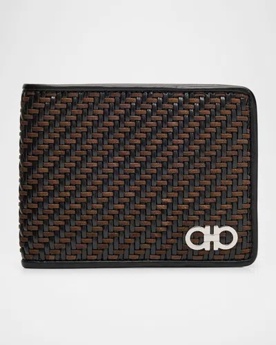 FERRAGAMO MEN'S GANCIO LEATHER AND SUEDE WOVEN BIFOLD WALLET