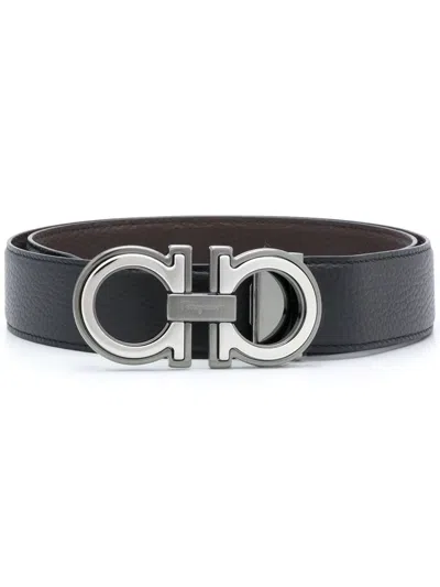 Ferragamo Men Grained Leather Reversible Gancini Belt In Black