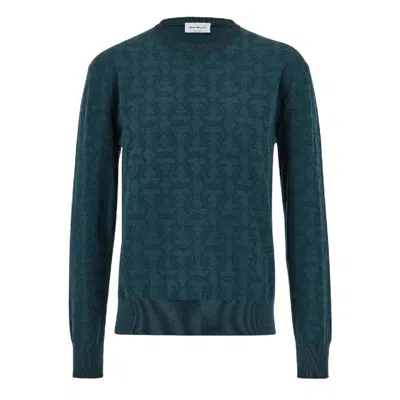 Ferragamo Men's Green Gancini Jacquard Sweater In Blue
