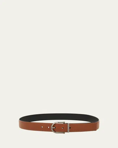 Ferragamo Men's Horseshoe-buckle Double Adjustable Leather Belt In Brown
