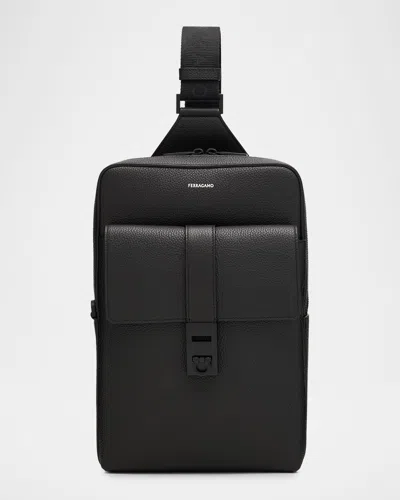 Ferragamo Men's Hug-buckle Leather Sling Crossbody Bag In Black