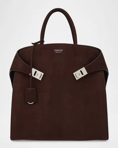 Ferragamo Men's Hug Leather Tote Bag In Brown