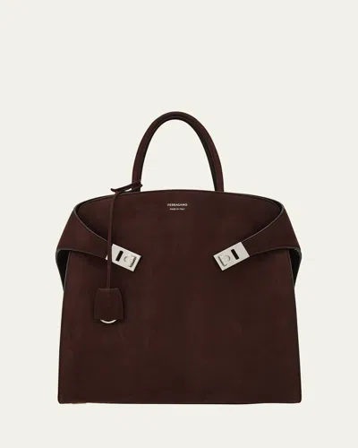Ferragamo Men's Hug Leather Tote Bag In Brown