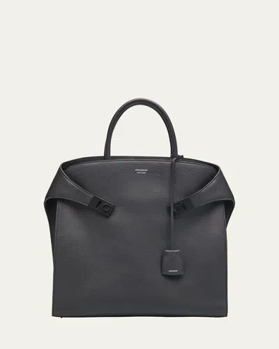 Ferragamo Men's Hug Leather Tote Bag In Nero