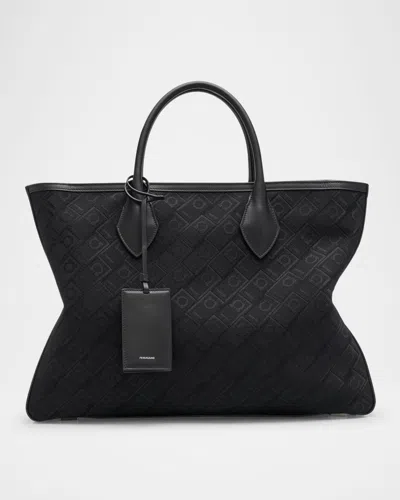 FERRAGAMO MEN'S LARGE JACQUARD AND LEATHER TOTE BAG