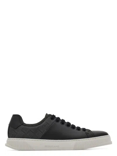 FERRAGAMO MEN'S LEATHER AND JACQUARD FABRIC MONOGRAM CLAYTON SNEAKERS