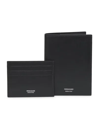 Ferragamo Men's Leather Passport Holder & Card Case Set In Black