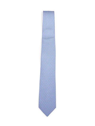 Ferragamo Men Light Blue Gancini Print Silk Tie