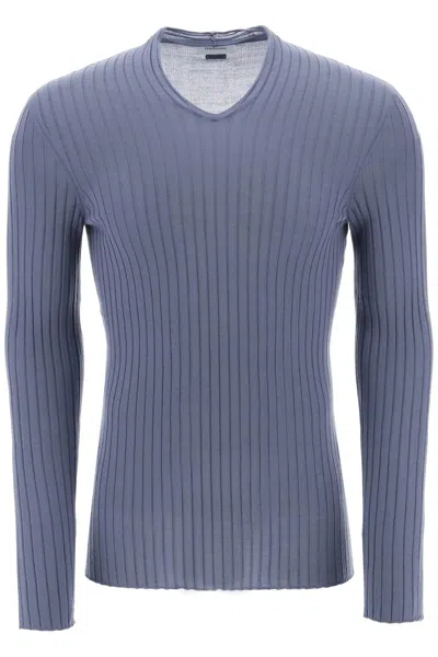 Ferragamo Men's Light Blue Ribbed-knit Sweater For Ss24 In Multicolor