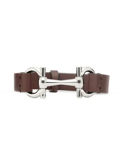 Ferragamo Men's Logo Leather Bracelet In Brown