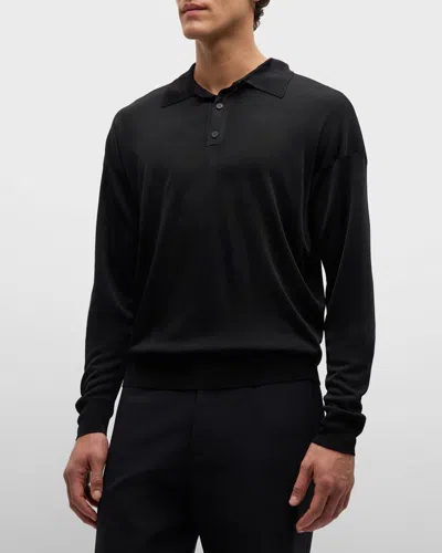 Ferragamo Men's Long-sleeve Polo Shirt In Black