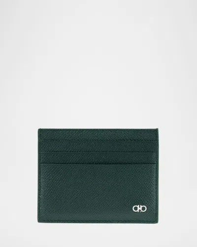 Ferragamo Men's Micro-gancio Leather Card Case In Green