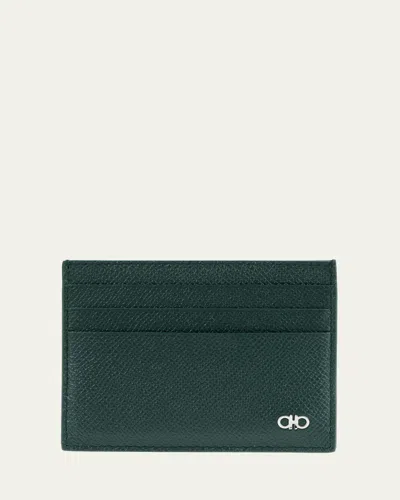 Ferragamo Men's Micro-gancio Leather Card Case In Green