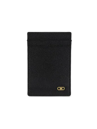 Ferragamo Men's Micro Gancio Leather Money Clip Card Holder In Black