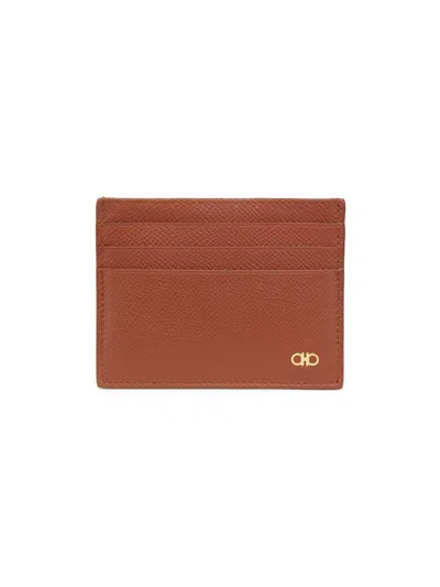 Ferragamo Men's Micro Leather Card Holder In Brown