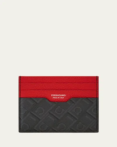 Ferragamo Men's Monogram Card Case In Nero Grigio Flame Red