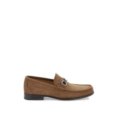 Ferragamo Men Nabuk Gancini Loafers In Brown