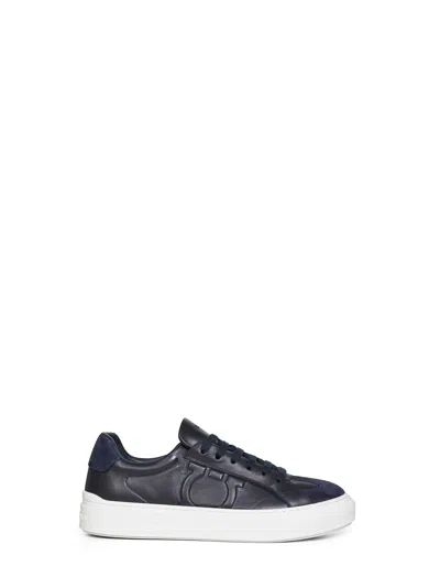 Ferragamo Men Navy Blue Leather Gancini Sneakers In Black
