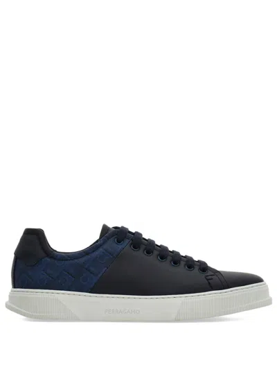 Ferragamo Clayton Sneakers In Leather With Jacquard Fabric Inlay In Blue